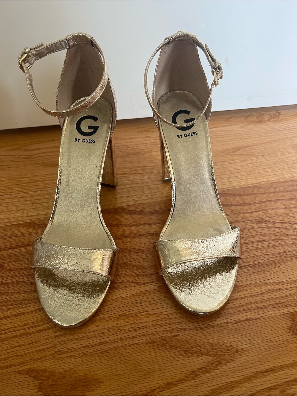 Guess Metallic Gold Ankle-Strap Block Heel Sandals